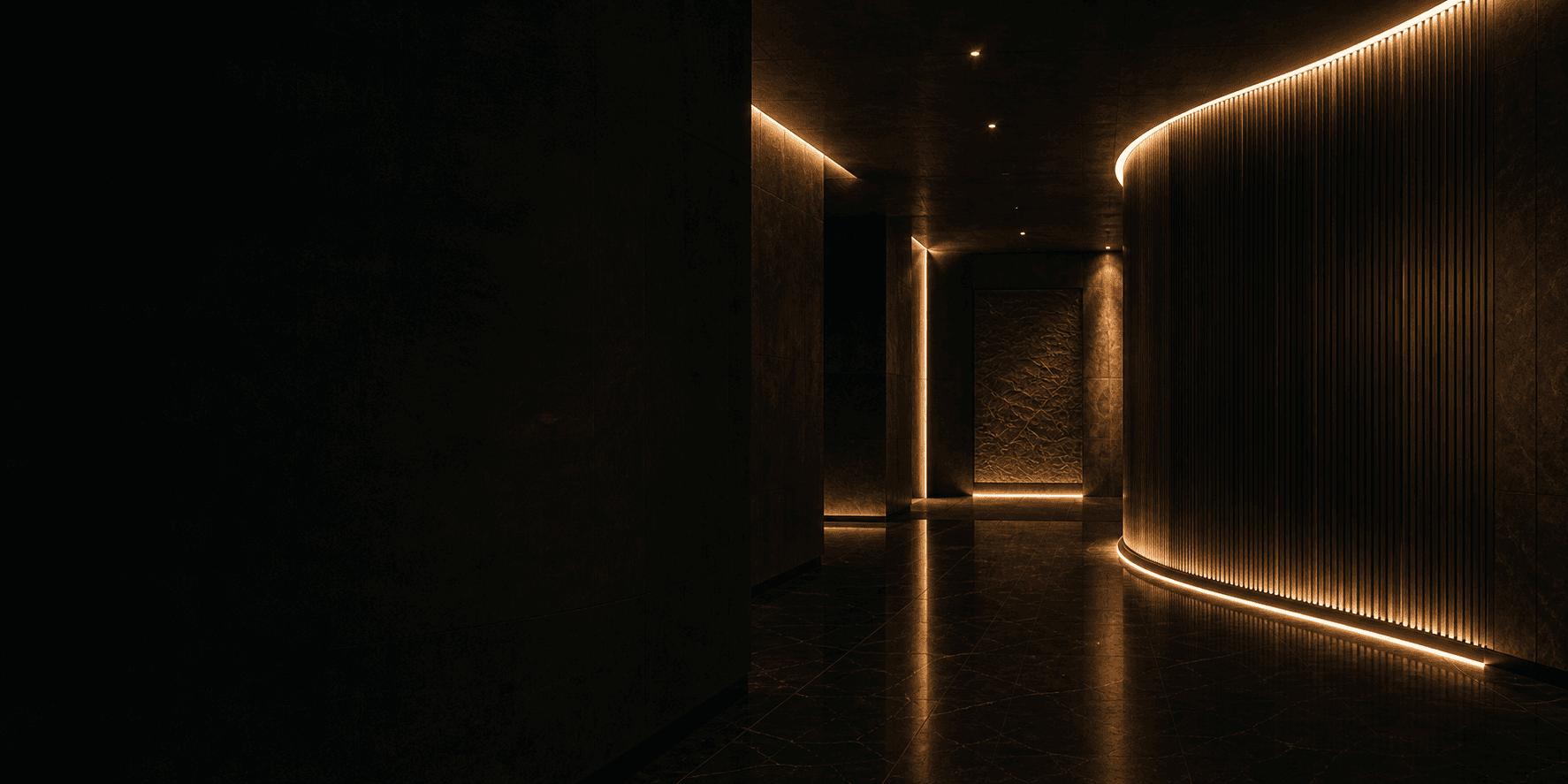 Bronze-lit private architectural corridor